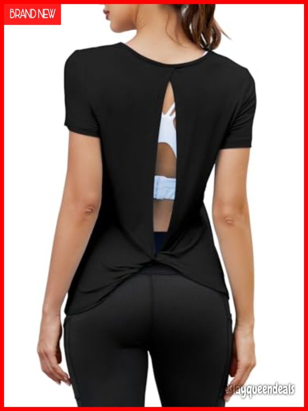 Womens Open Back Twist Back Workout Top Loose Fit Gym Yoga T-Shirt